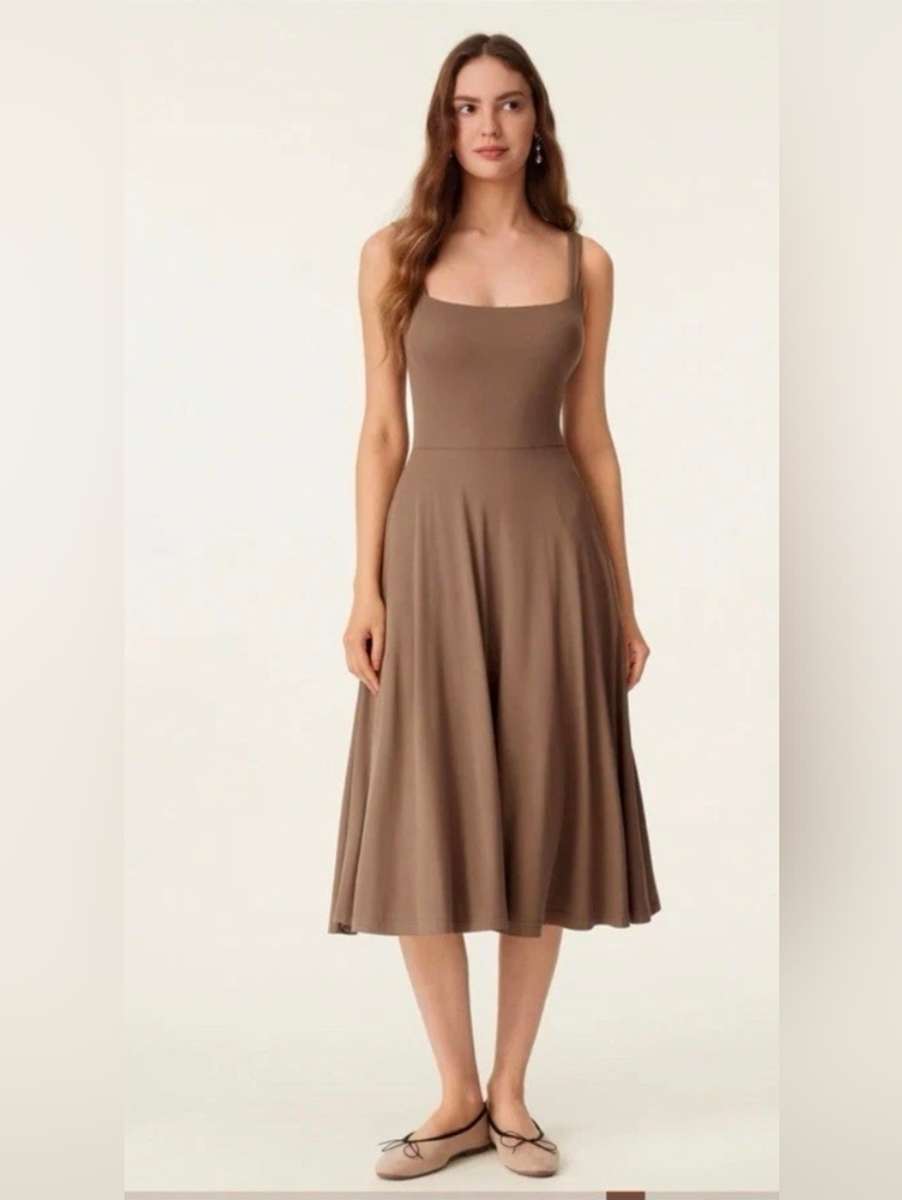 OGL Square Neck Flowy Airy Brami Midi Dress In Mocha Size XL Built In Bra